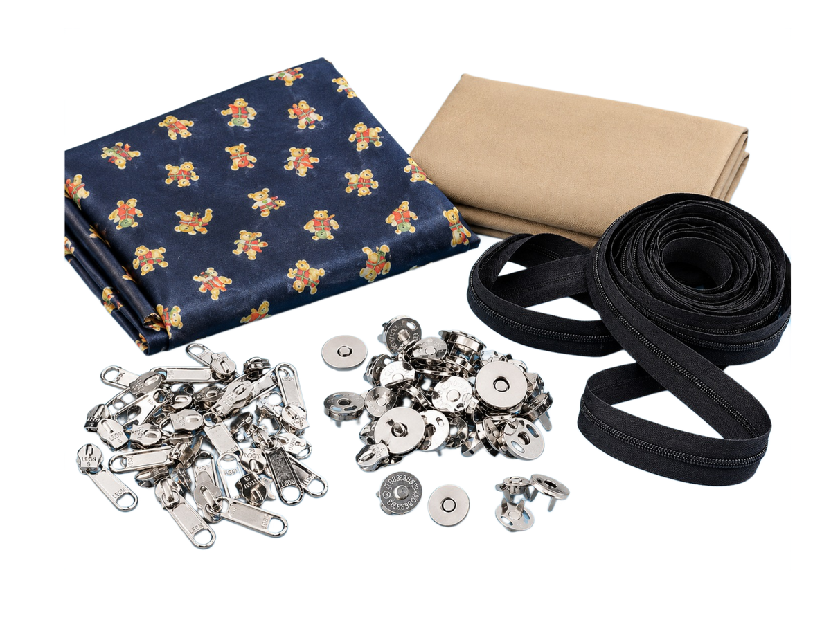 Complete Bag Making Kit for Handbags, Tiffin Bags & Shopping Bags – Fabric, Zipper, Runners & Magnetic Buttons